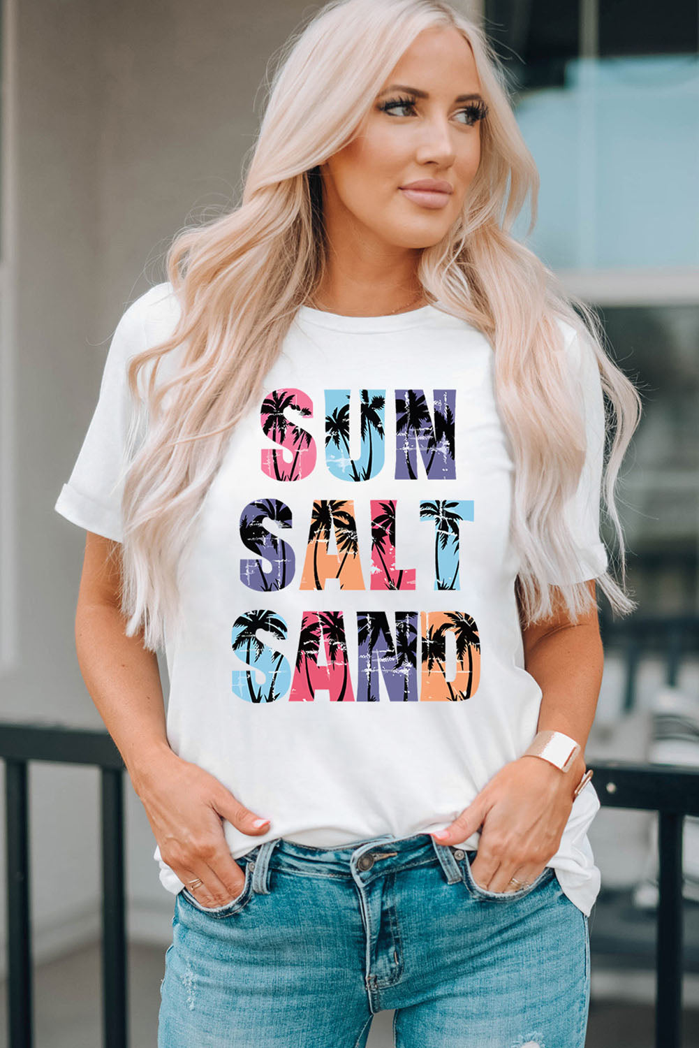 Sun Salt Sand Letter Graphic Round Neck Tee