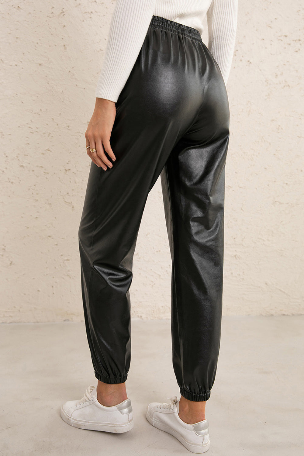 Elastic Waist PU Leather Joggers