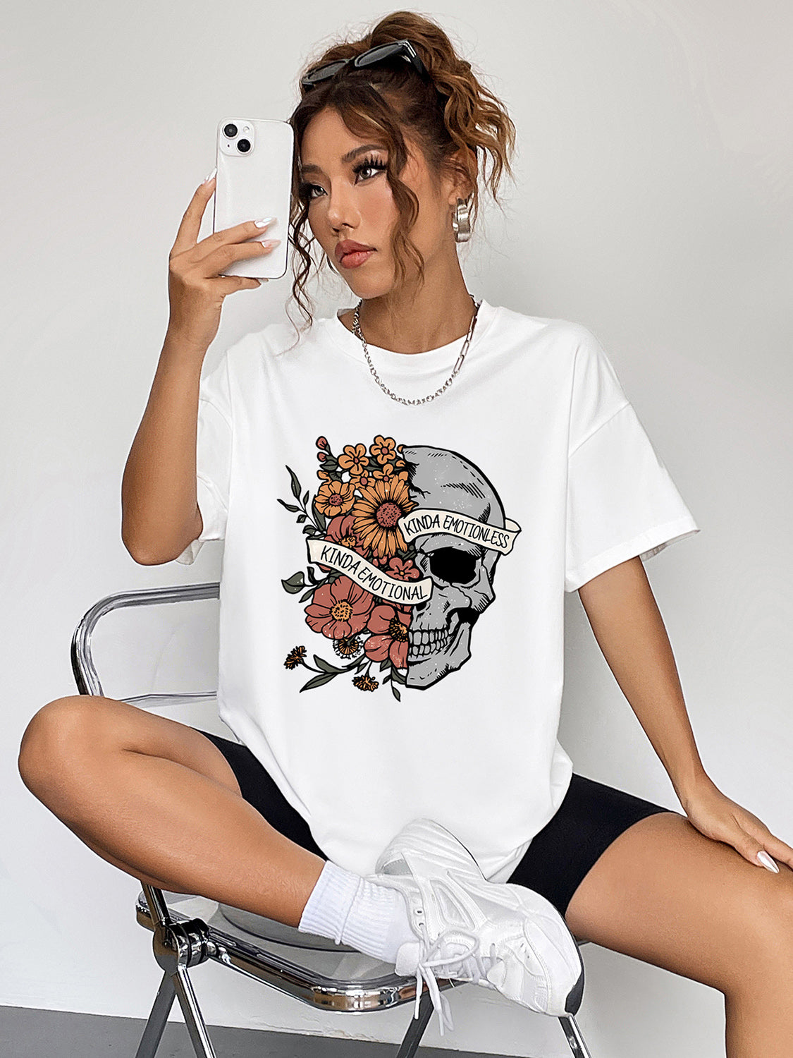 Kinda Emotional Kinda Emotionless Skull Round Neck Short Sleeve Graphic T-Shirt