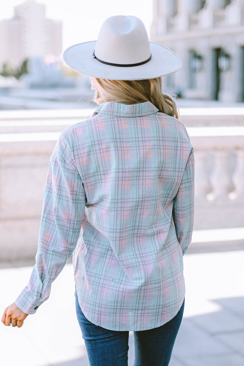 Plaid Button-Up Curved Hem Shirt