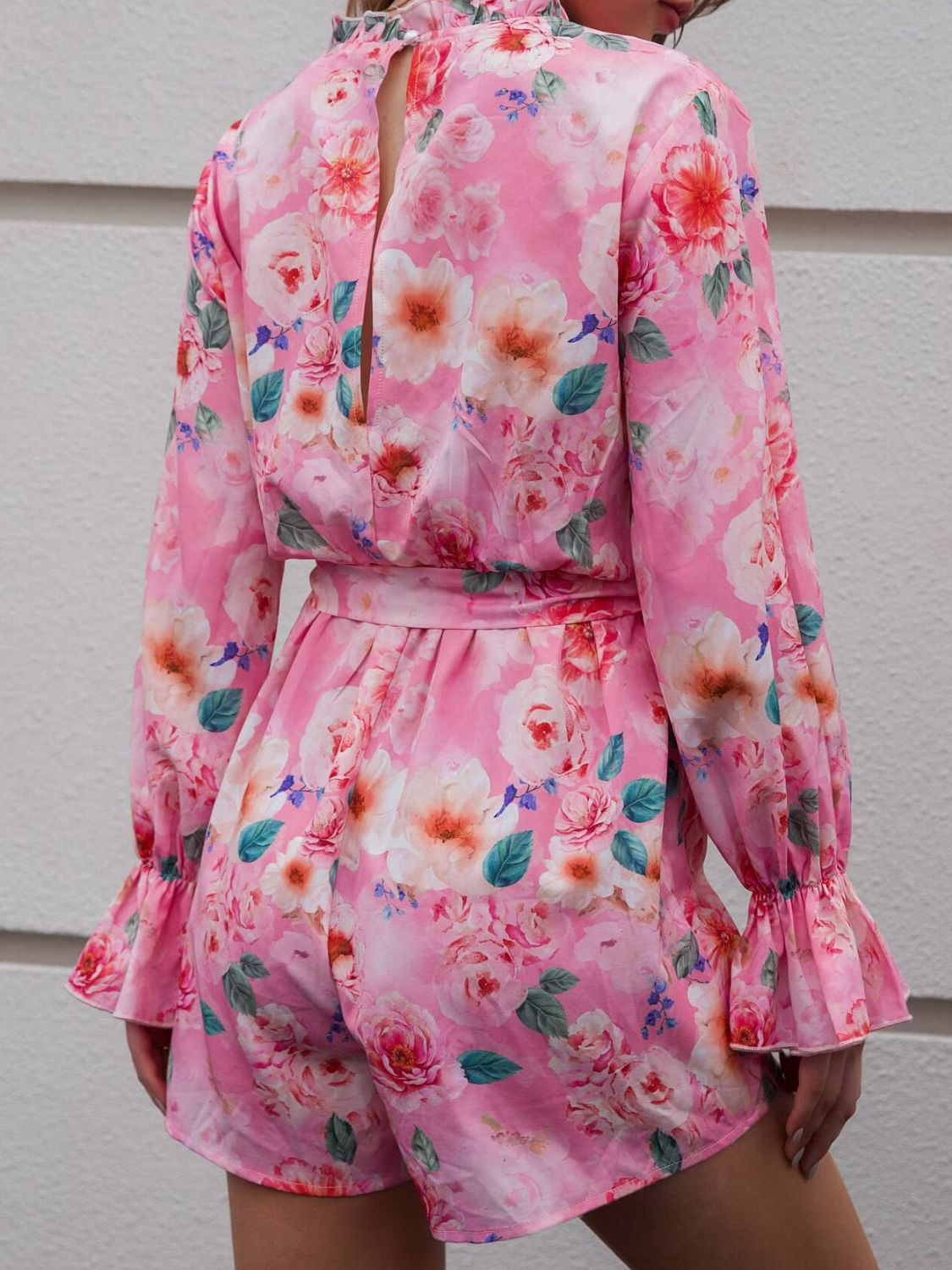 Floral Button Front Tie-Waist Flounce Sleeve Romper