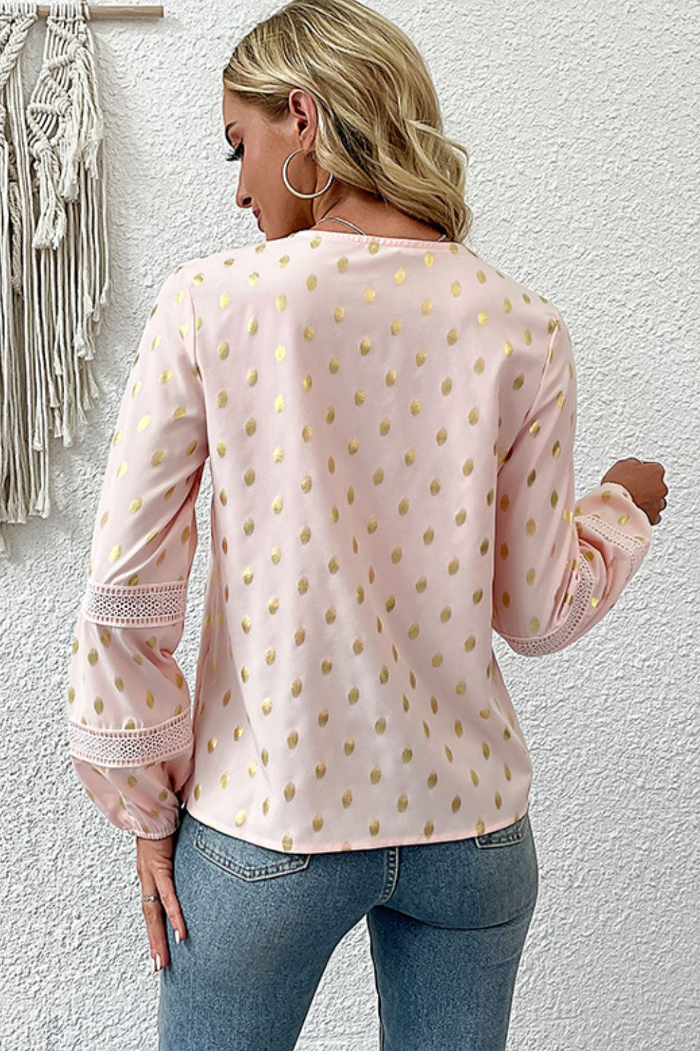 Polka Dot Crochet Detail V-Neck Blouse