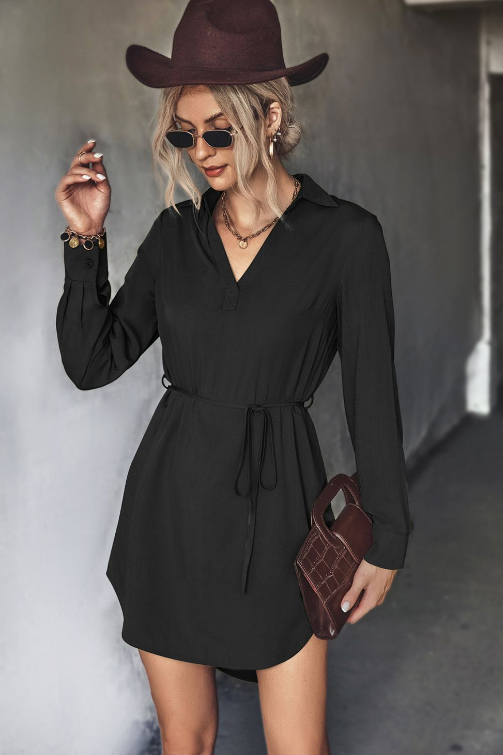 White Label Belted Johnny Collar High-Low Shirt Dress