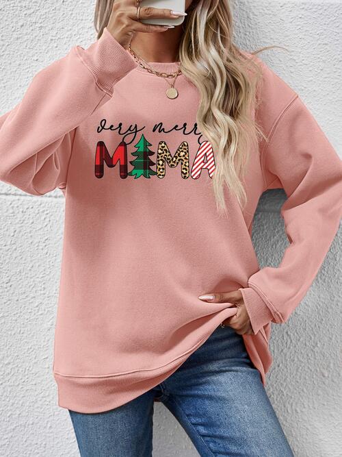 Very Merry Mama Letter Graphic Round Neck Long Sleeve Sweatshirt