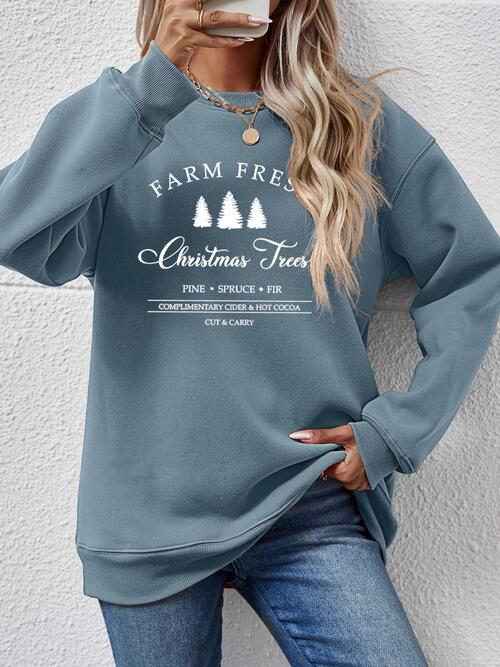 Farm Fresh Christmas Trees PINE SPRUCE FIR Graphic Round Neck Dropped Shoulder Sweatshirt