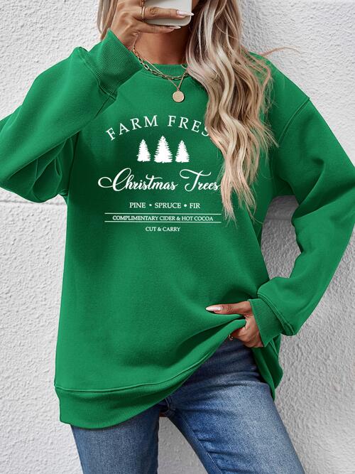 Farm Fresh Christmas Trees PINE SPRUCE FIR Graphic Round Neck Dropped Shoulder Sweatshirt