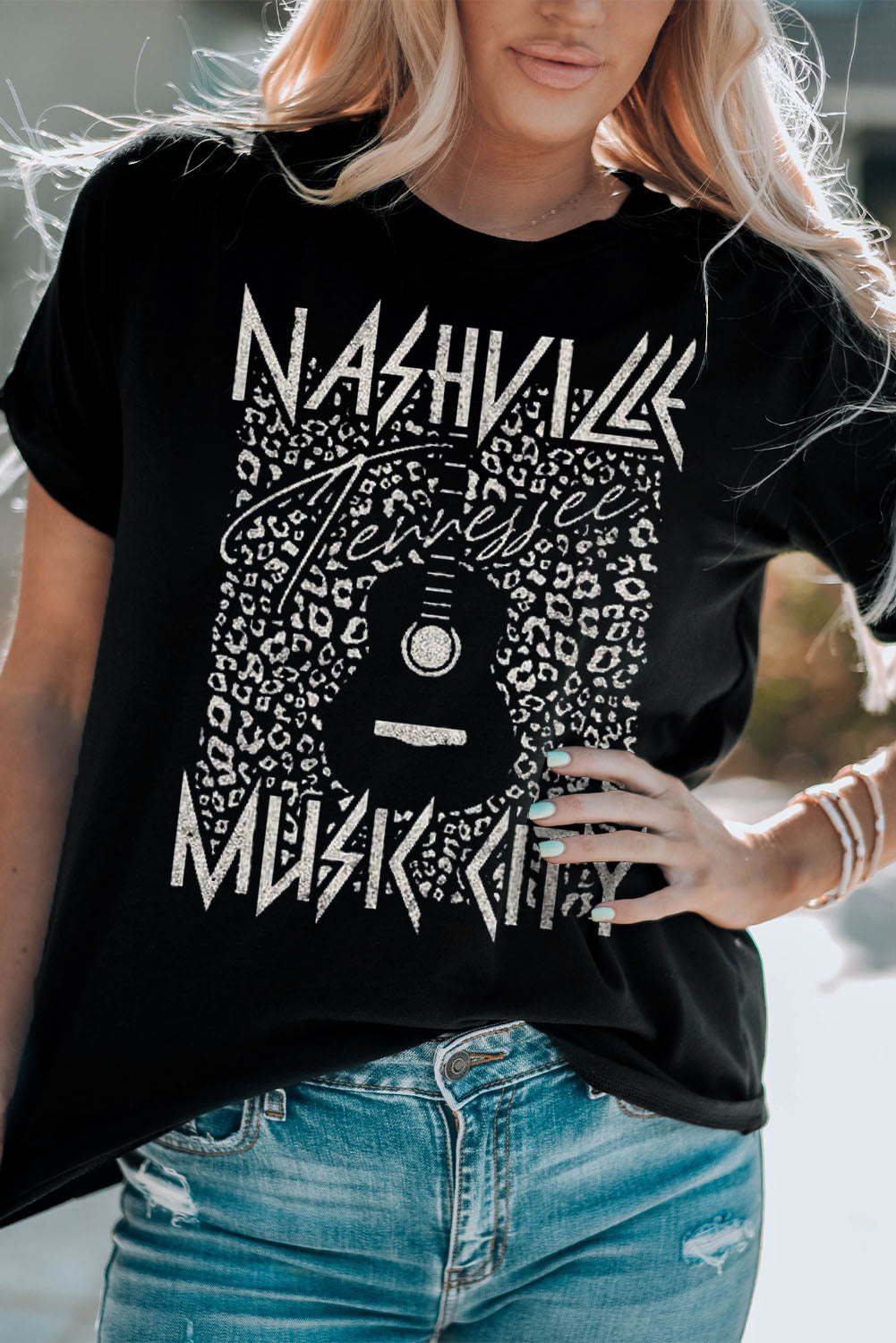 Nashville Tennesse Music City Graphic Cuffed Sleeve Round Neck Tee