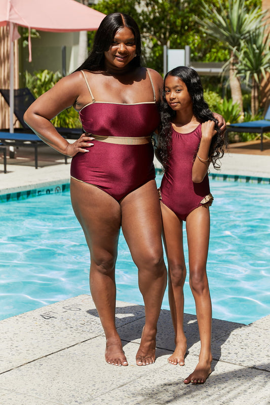 Youth Marina West Swim Wave Break Contrast Trim One-Piece in Wine