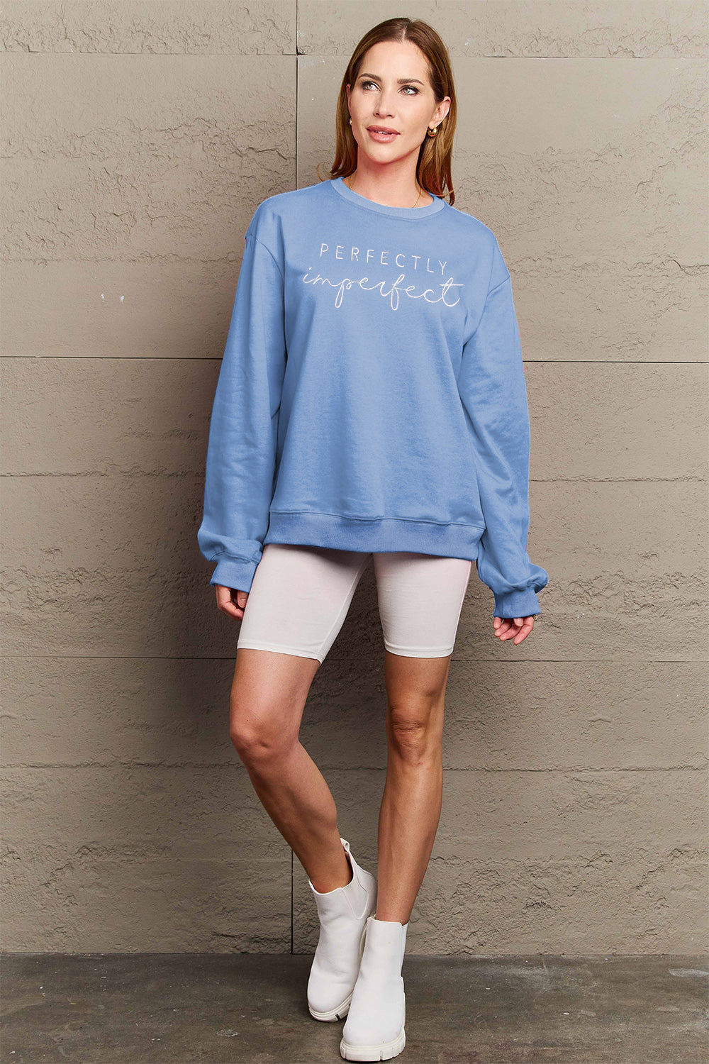 PERFECTLY Imperfect Simply Love Full Size Graphic Round Neck Sweatshirt