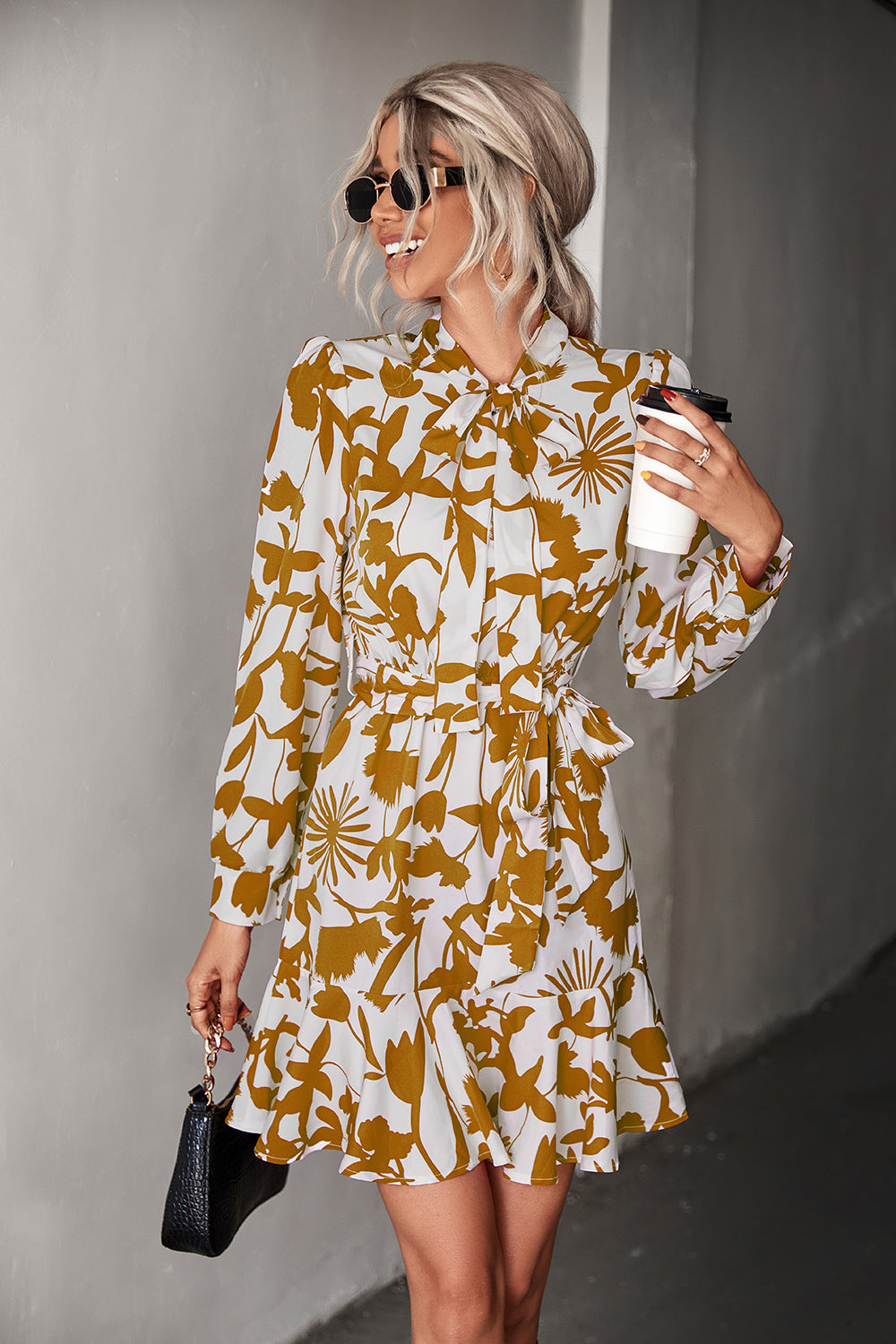 Floral Tie Neck Puff Sleeve Belted Dress