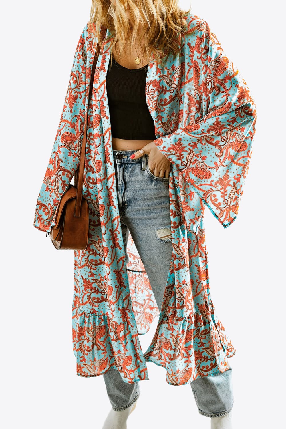 Printed Open Front Duster Cardigan