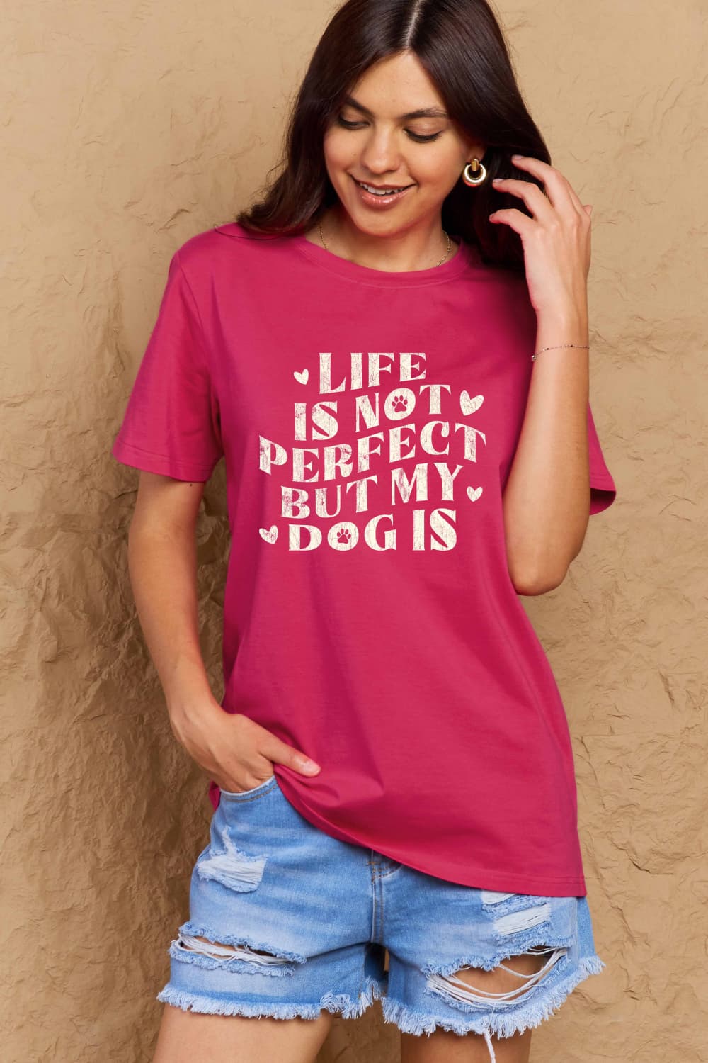 LIFE IS NOT PERFECT BUT MY DOG IS Simply Love Full Size Dog Slogan Graphic Cotton T-Shirt