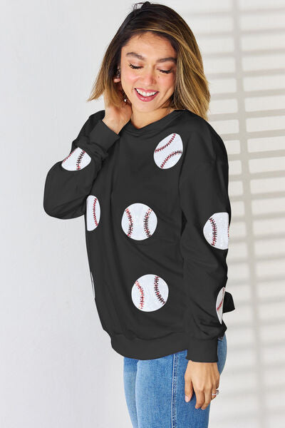 Sequin Ball Baseball Softball Round Neck Dropped Shoulder Sweatshirt