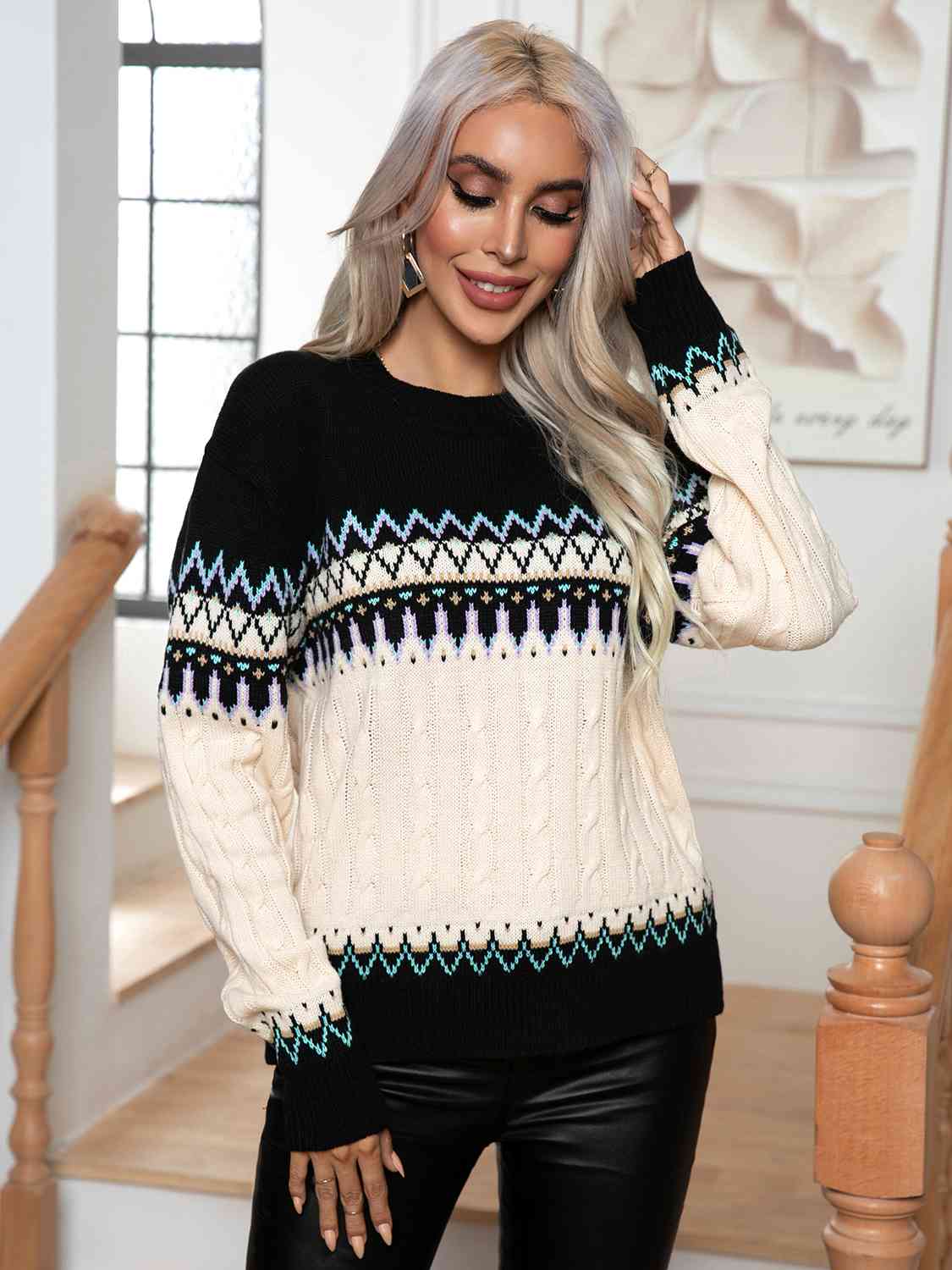 B&S Round Neck Cable-Knit Sweater