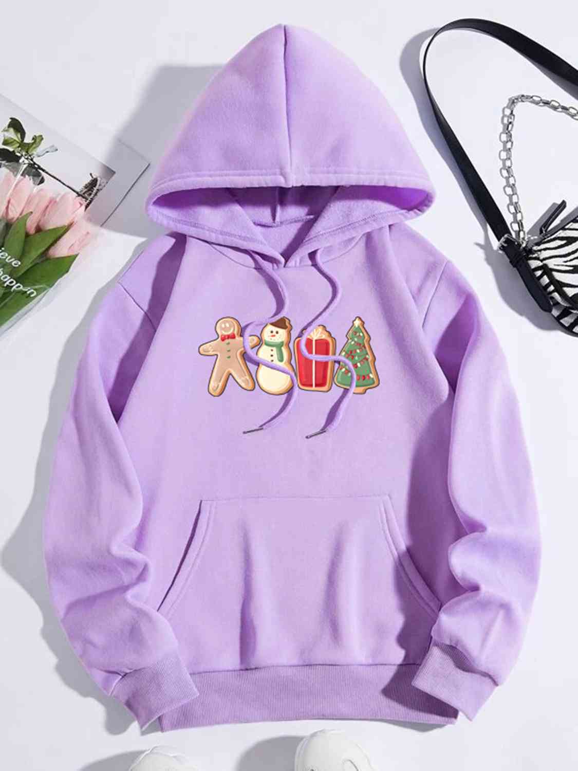 Gingerbread Man Snowman Gift Tree Christmas Cookie Graphic Drawstring Hoodie with Pocket
