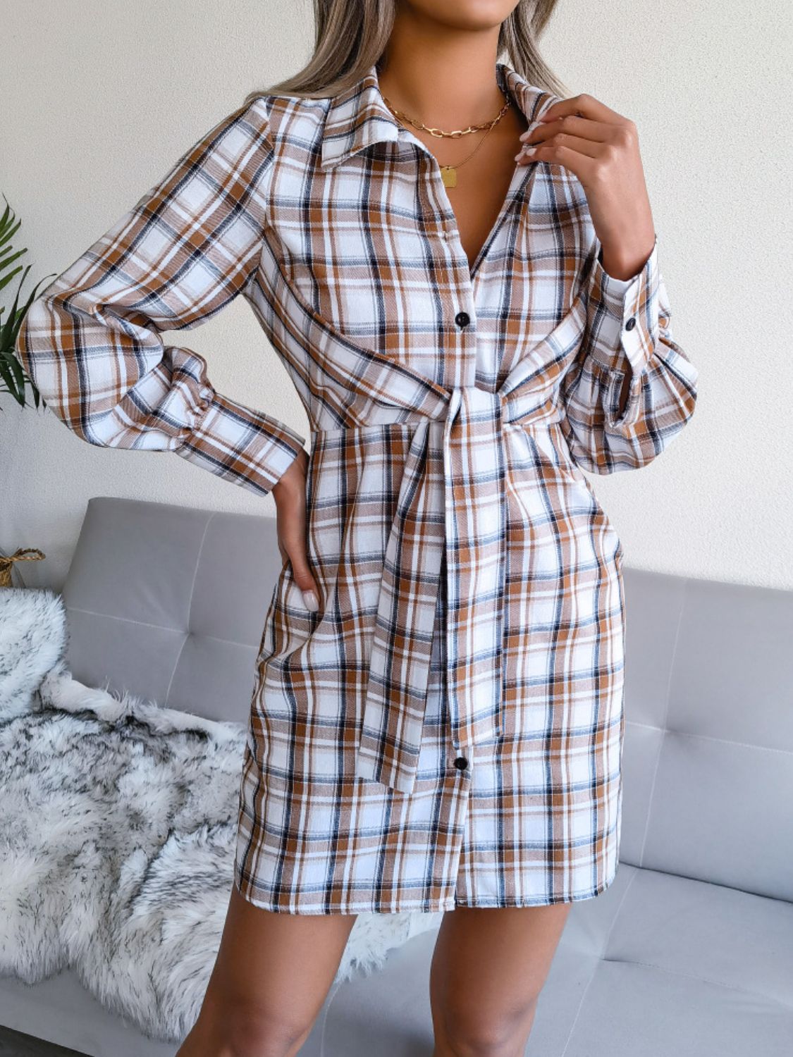 Plaid Button Down Tie Front Shirt Dress