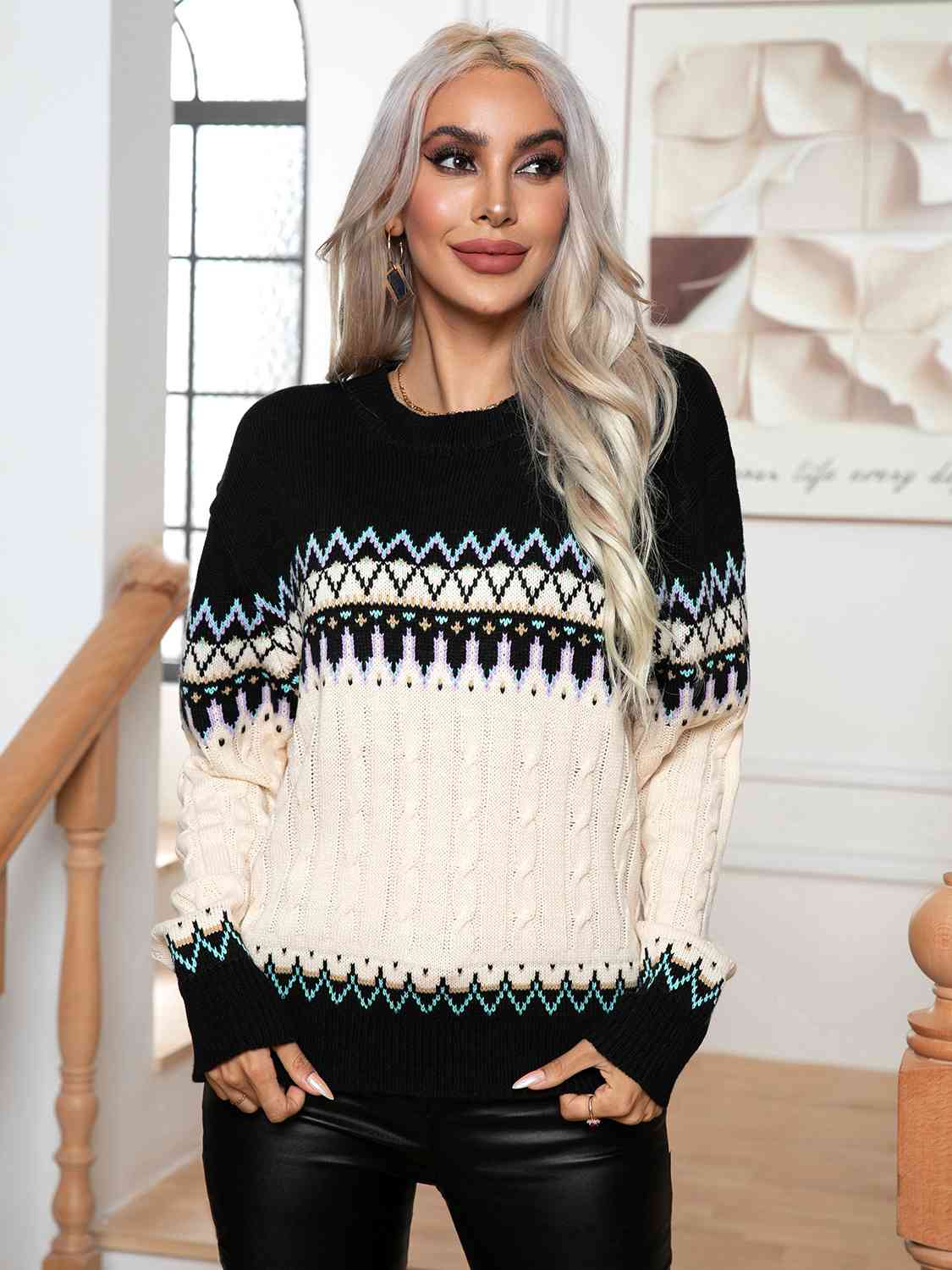 B&S Round Neck Cable-Knit Sweater