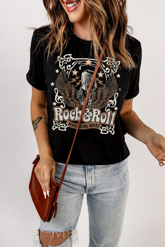ROCK & ROLL Slogan Graphic Short Sleeve T-Shirt