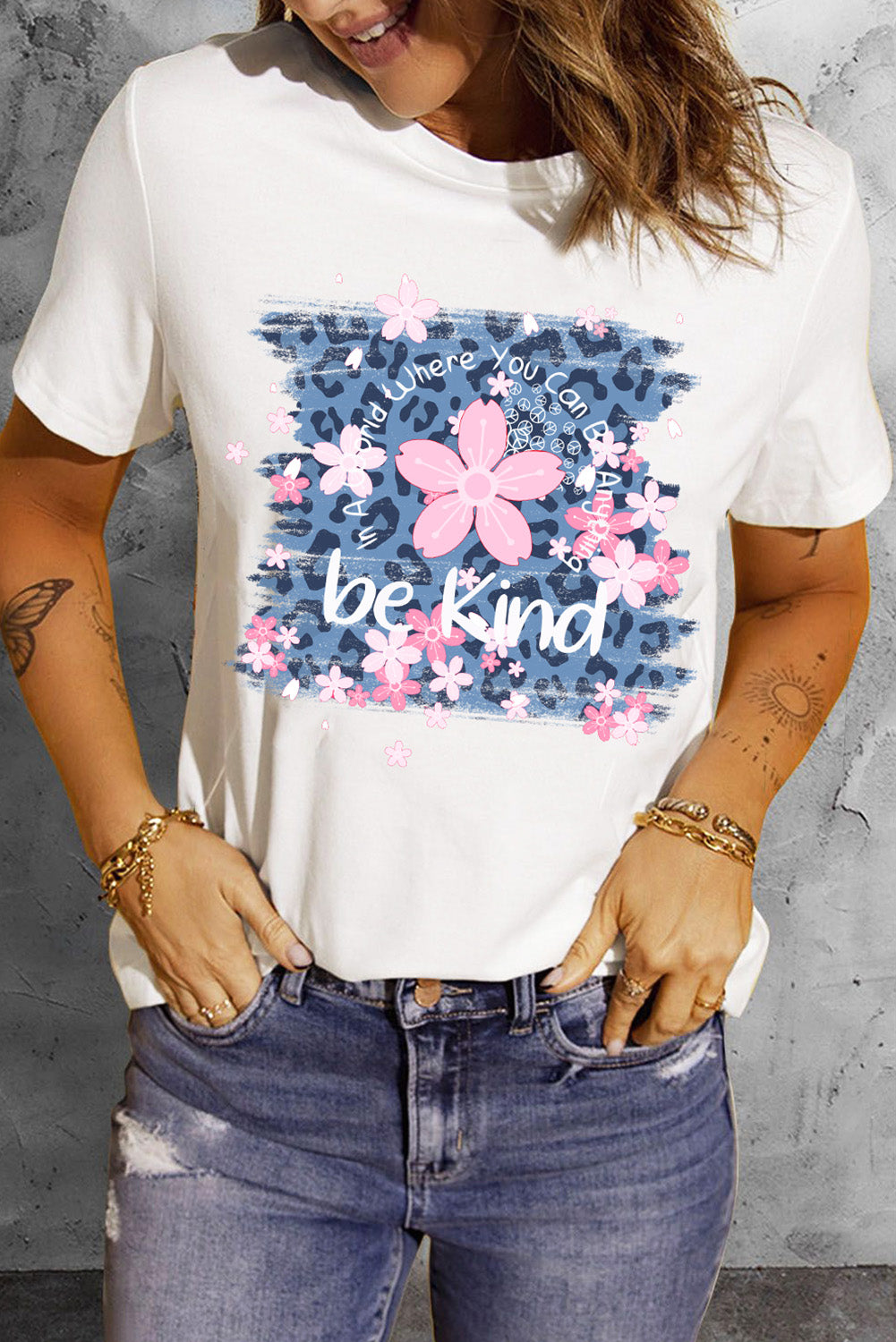 BE KIND Leopard Floral Graphic Round Neck Tee