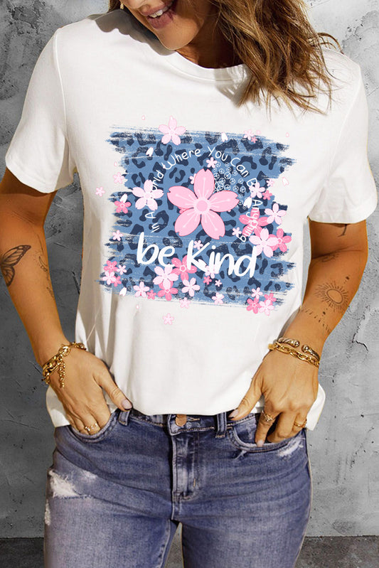 BE KIND Leopard Floral Graphic Round Neck Tee