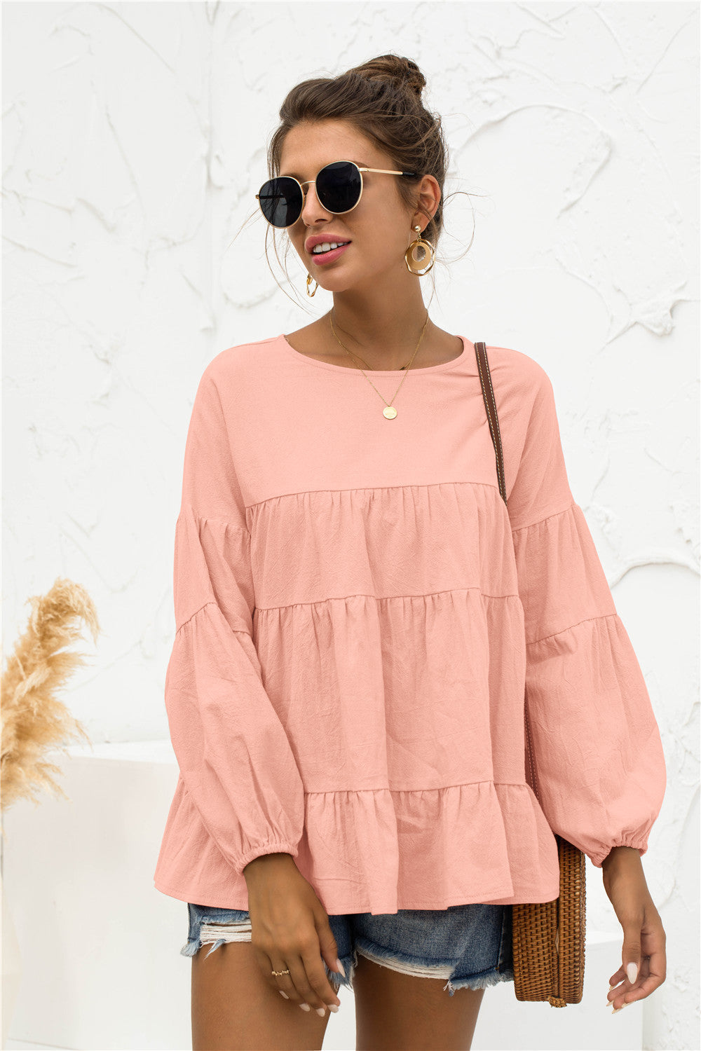 Round Neck Bubble Sleeve Tiered Blouse