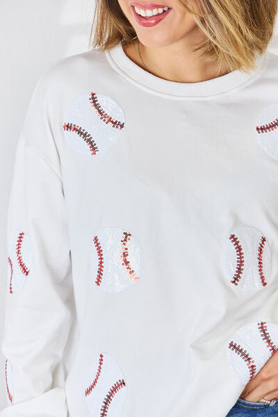 Sequin Ball Baseball Softball Round Neck Dropped Shoulder Sweatshirt