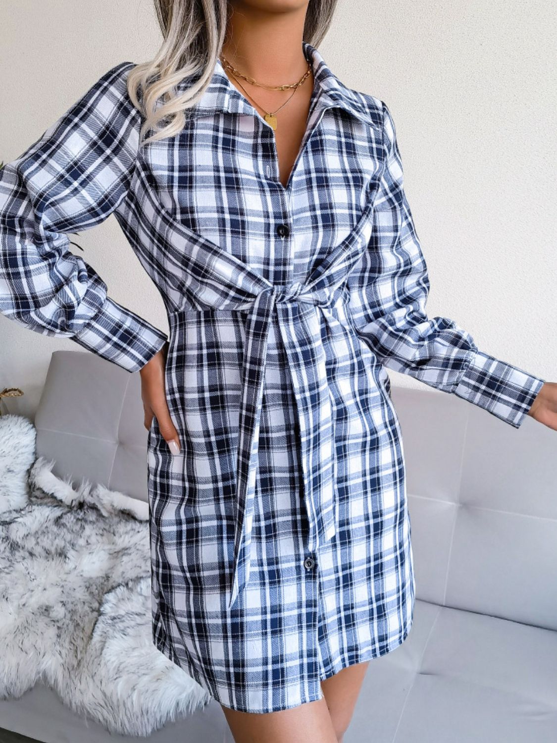 Plaid Button Down Tie Front Shirt Dress