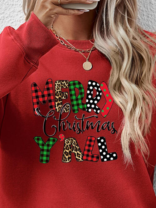 Merry Christmas Y'all Letter Graphic Round Neck Long Sleeve Sweatshirt