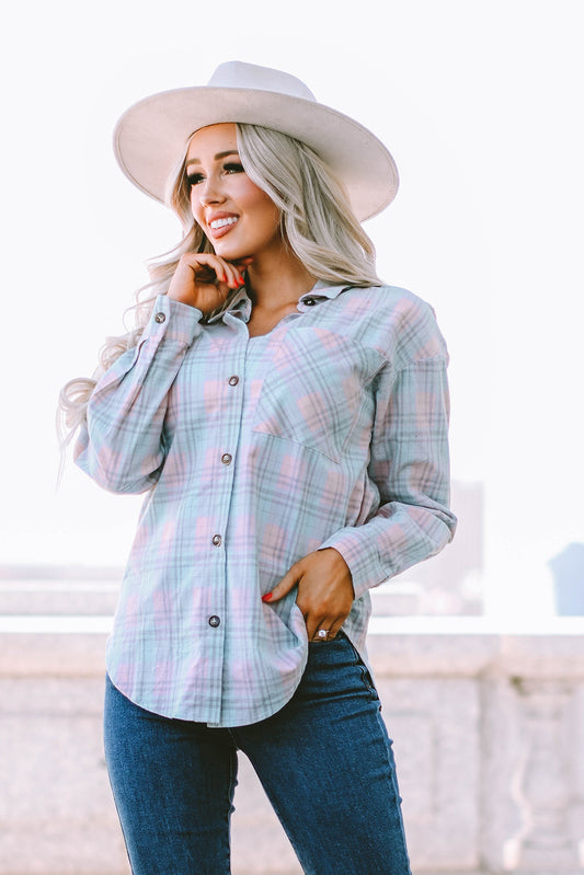 Plaid Button-Up Curved Hem Shirt