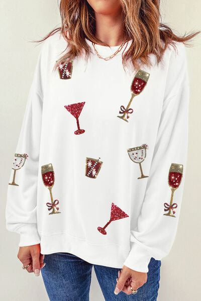 Wine, Martini, Shot Glass Sequin Round Neck Long Sleeve Sweatshirt