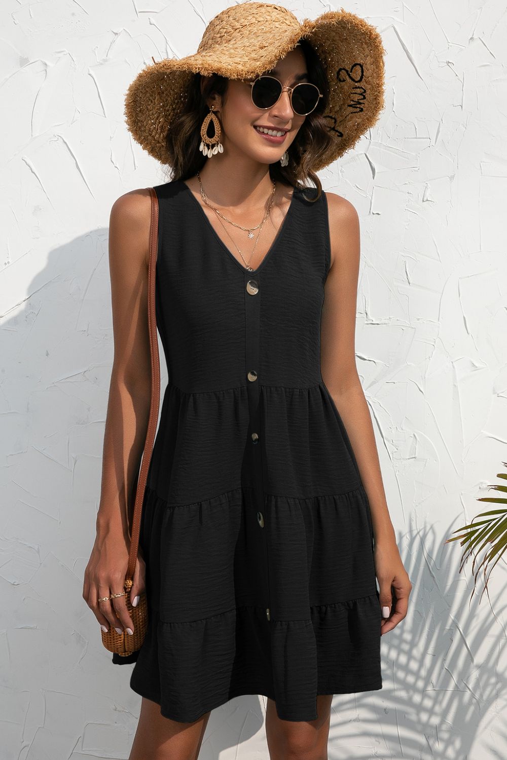 Ivy Lane Decorative Button V-Neck Tiered Sleeveless Dress
