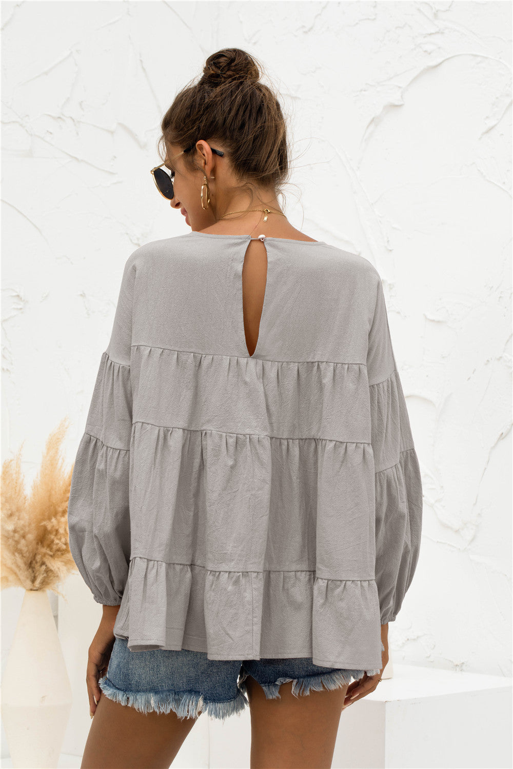 Round Neck Bubble Sleeve Tiered Blouse