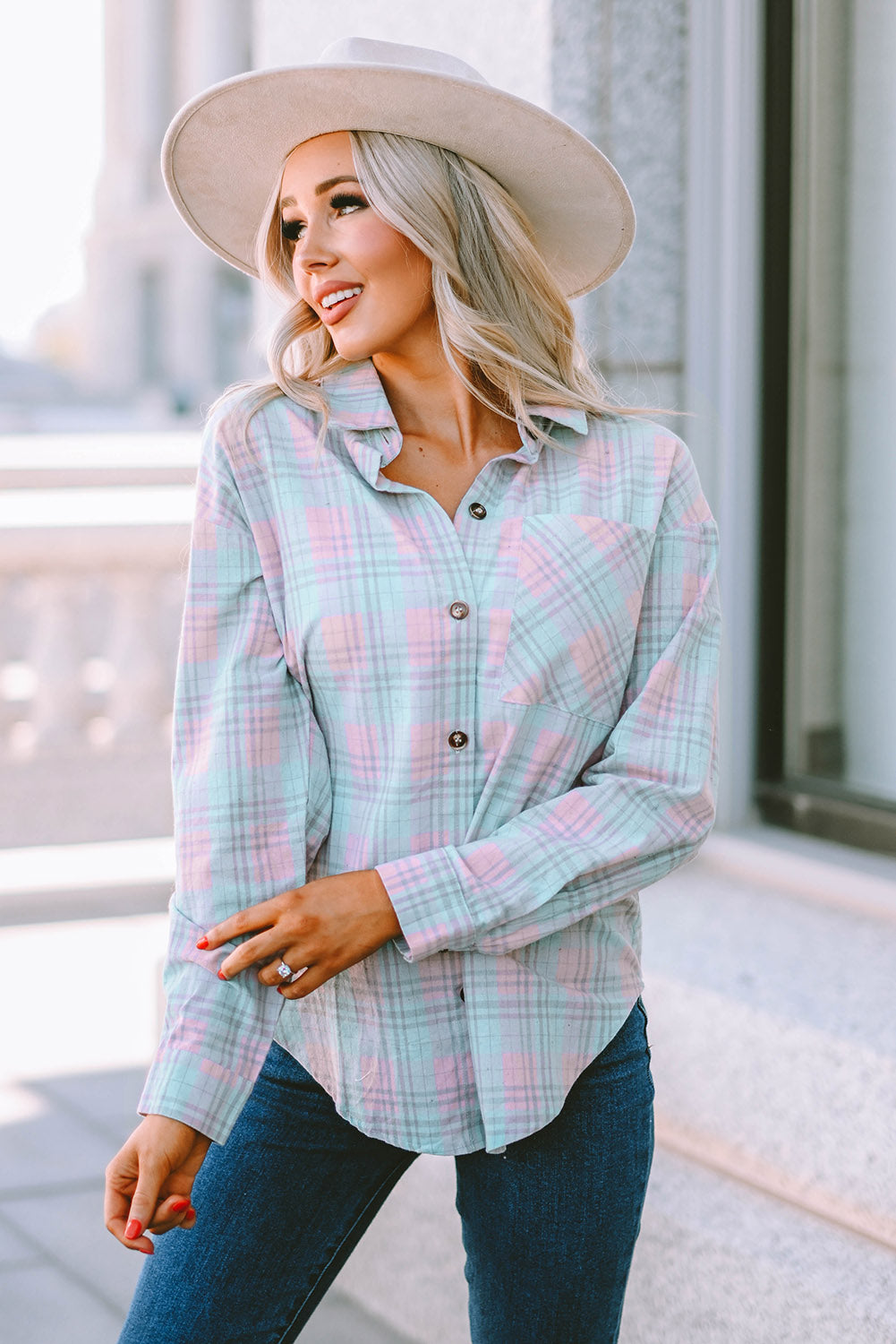 Plaid Button-Up Curved Hem Shirt