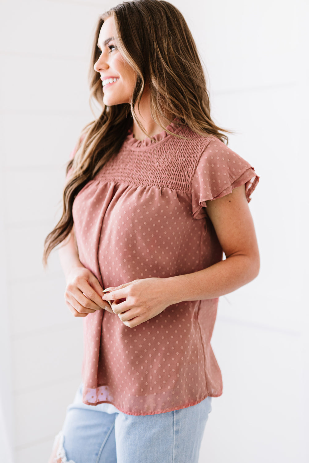 Polka Dot Smocked Flutter Sleeve Blouse