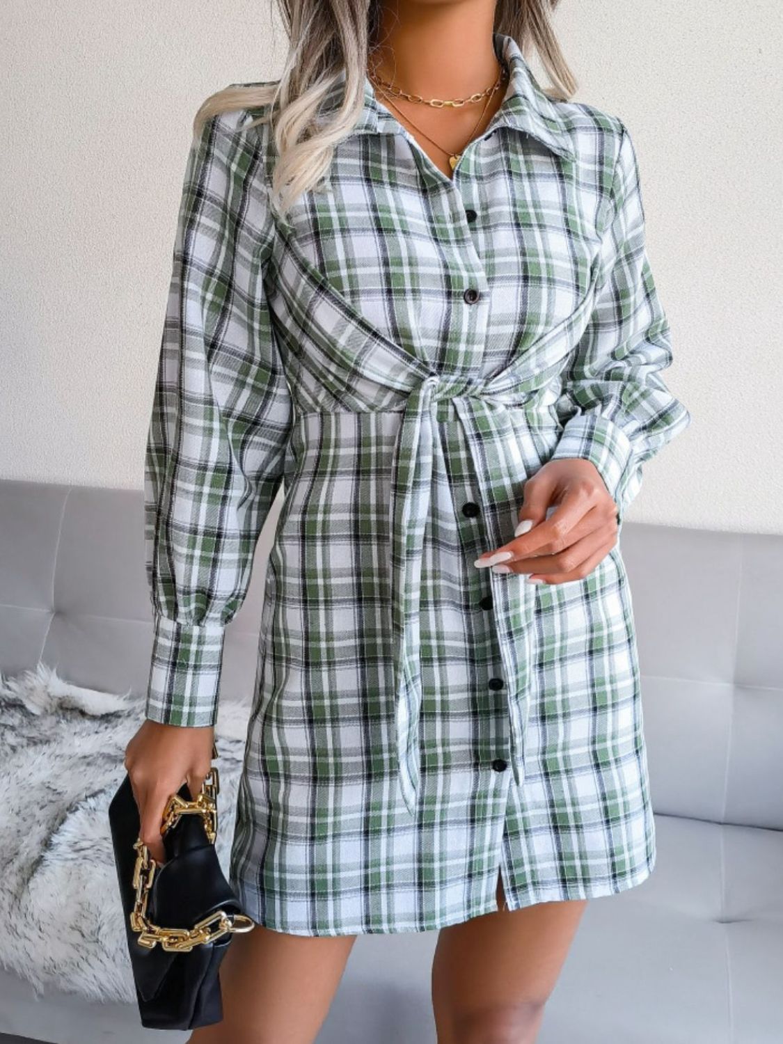 Plaid Button Down Tie Front Shirt Dress