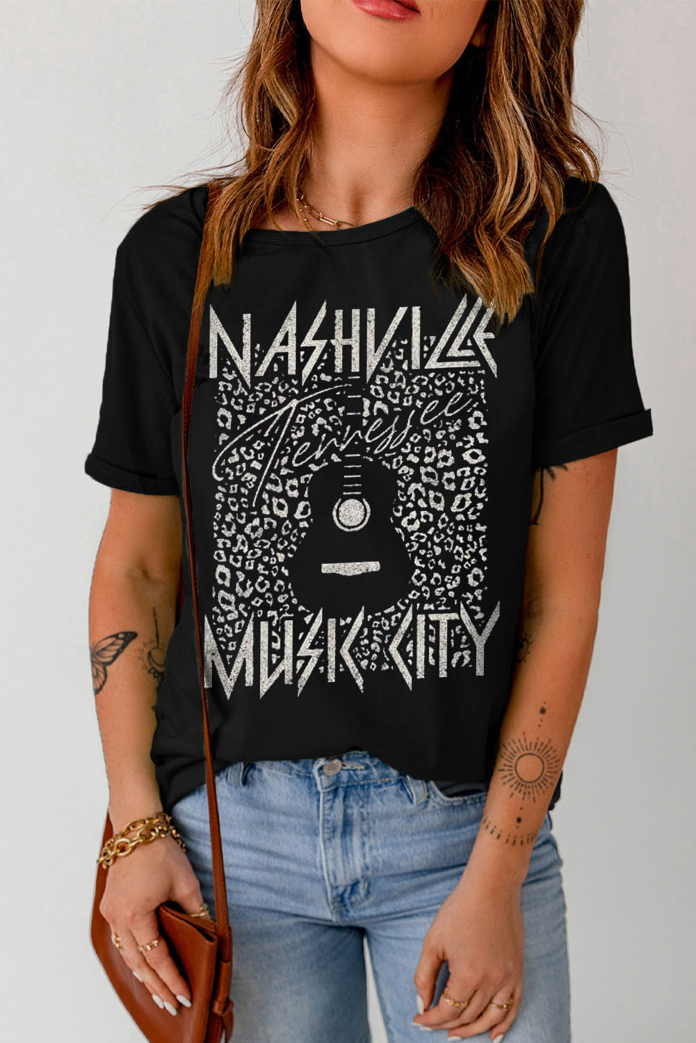 Nashville Tennesse Music City Graphic Cuffed Sleeve Round Neck Tee