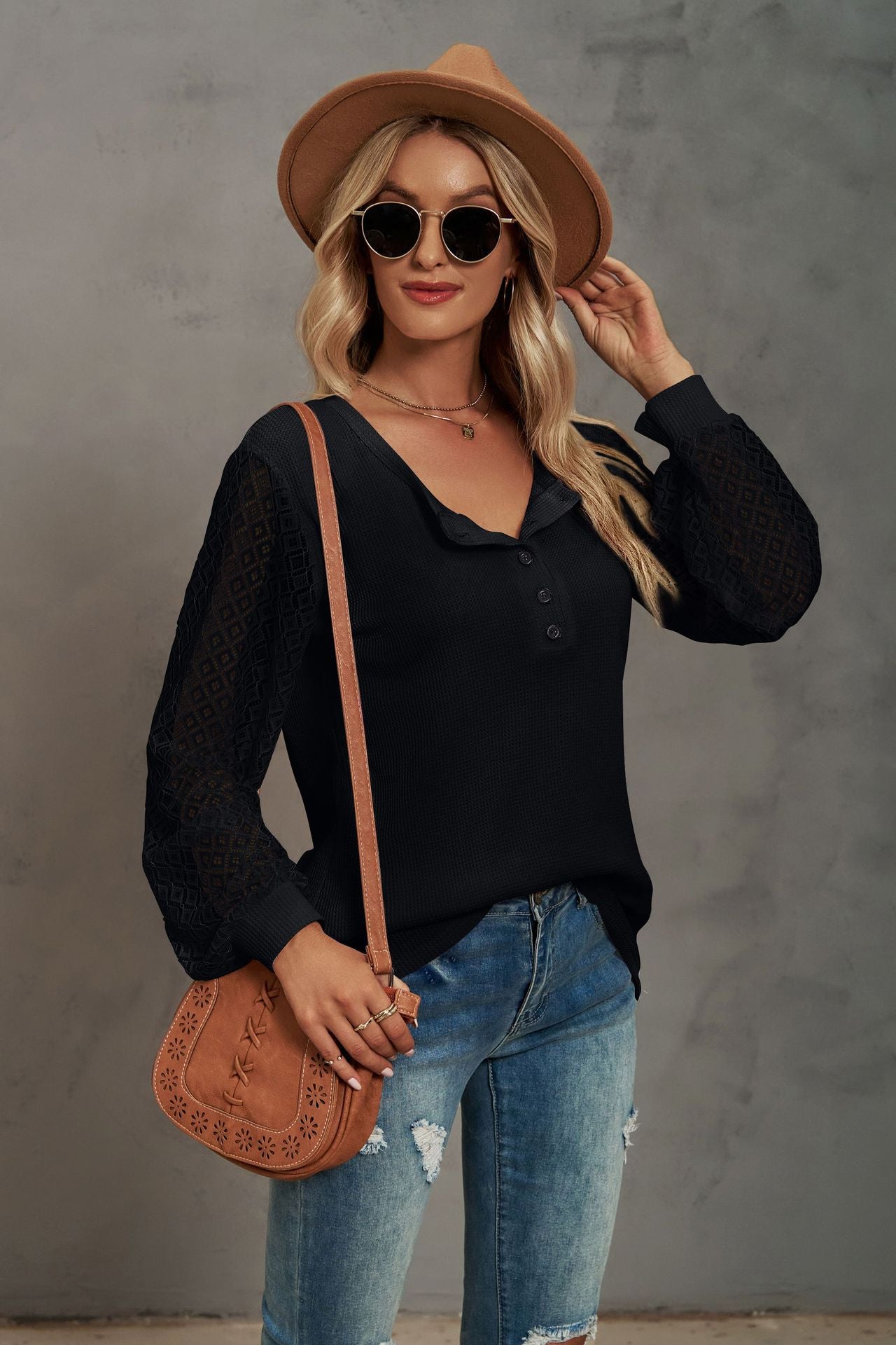 Waffle-Knit Lace Lantern Sleeve Henley Top