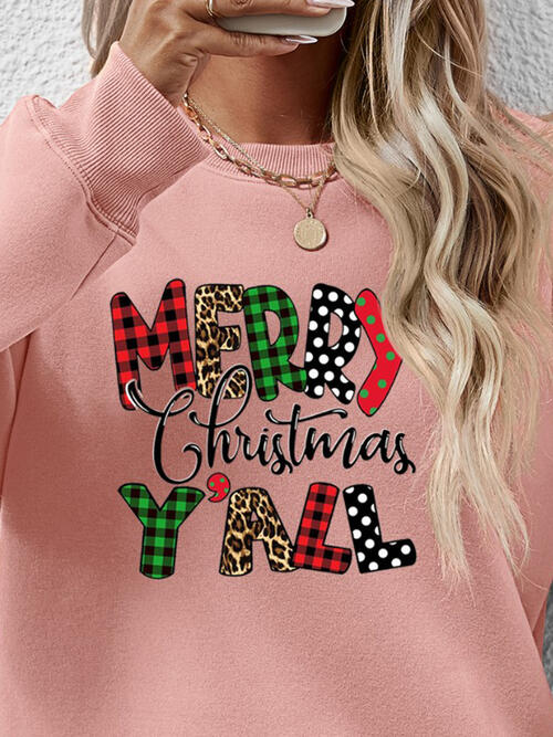 Merry Christmas Y'all Letter Graphic Round Neck Long Sleeve Sweatshirt