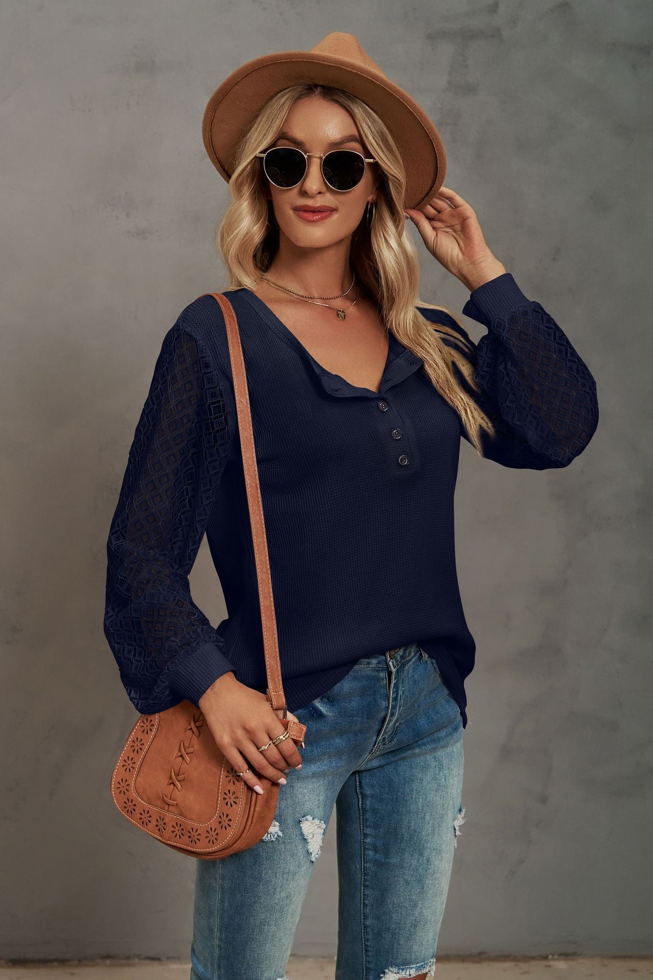 Waffle-Knit Lace Lantern Sleeve Henley Top