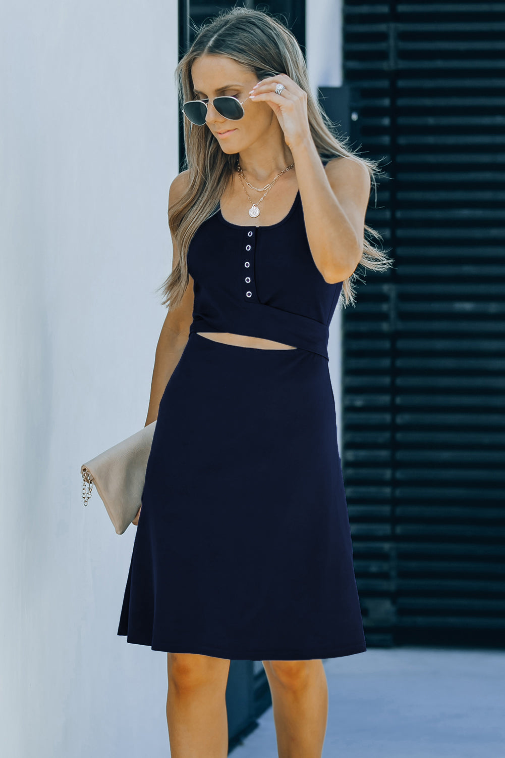 Cutout Buttoned Tie-Back Sleeveless Dress