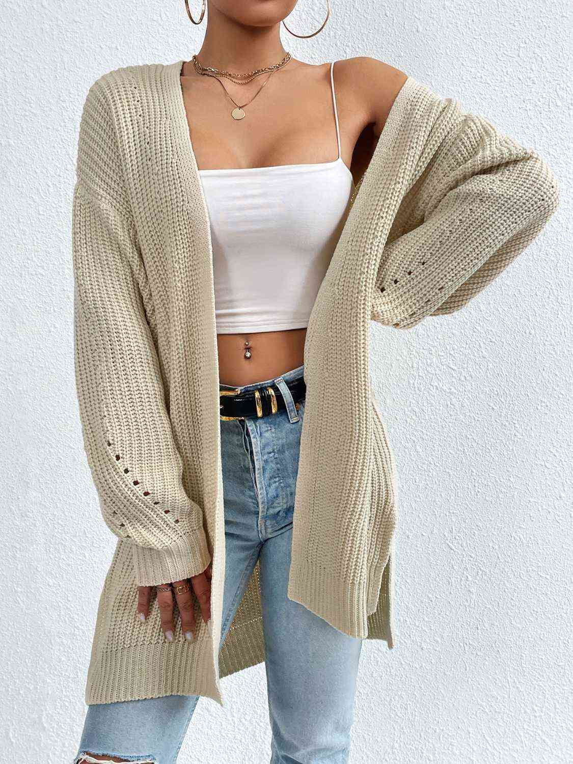 Yh Open Front Dropped Shoulder Slit Cardigan