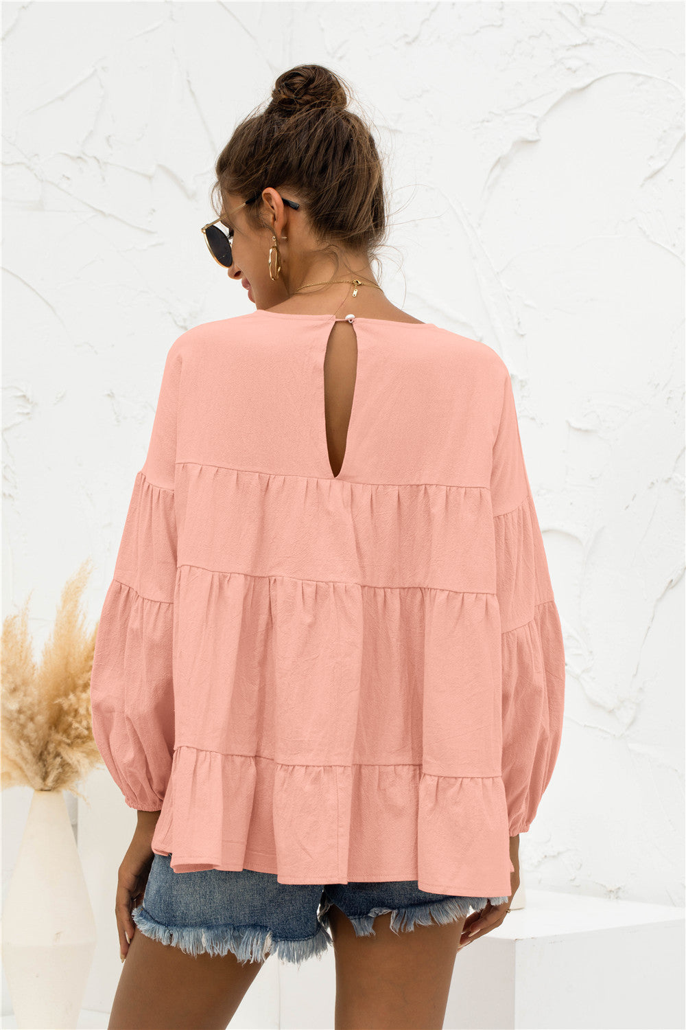 Round Neck Bubble Sleeve Tiered Blouse