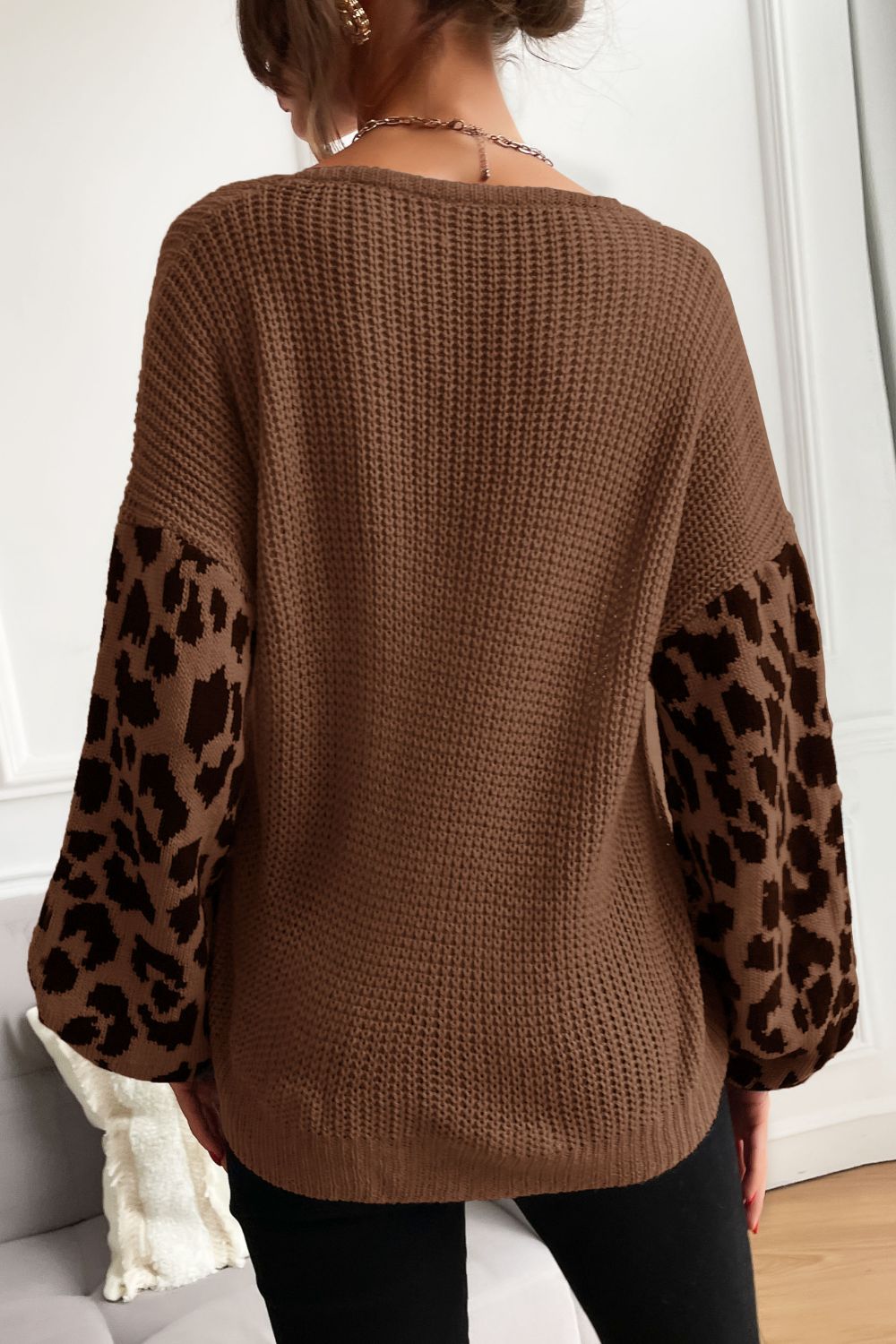 Leopard Sleeve Dropped Shoulder Sweater