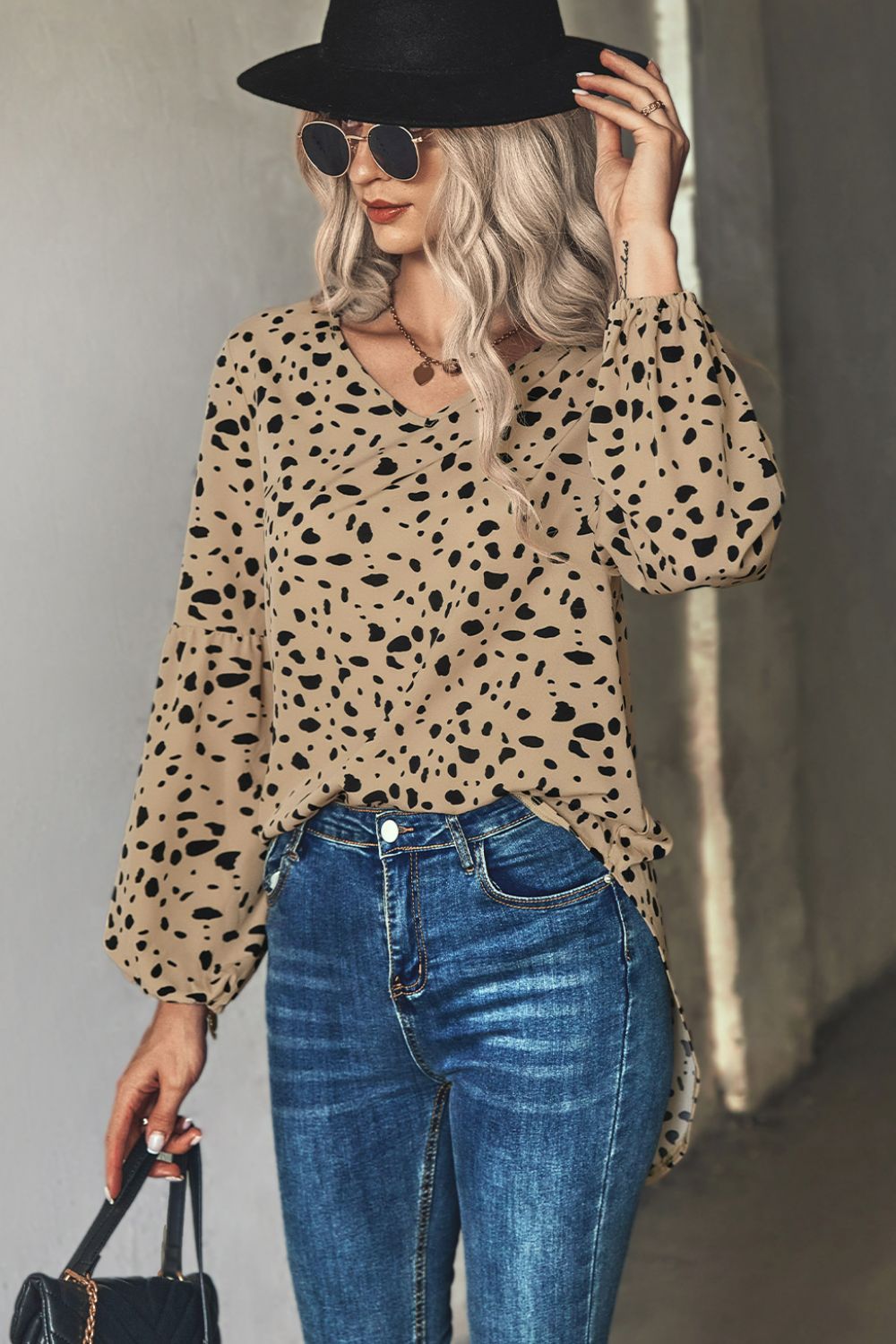 White Label Animal Print V-Neck High-Low Blouse