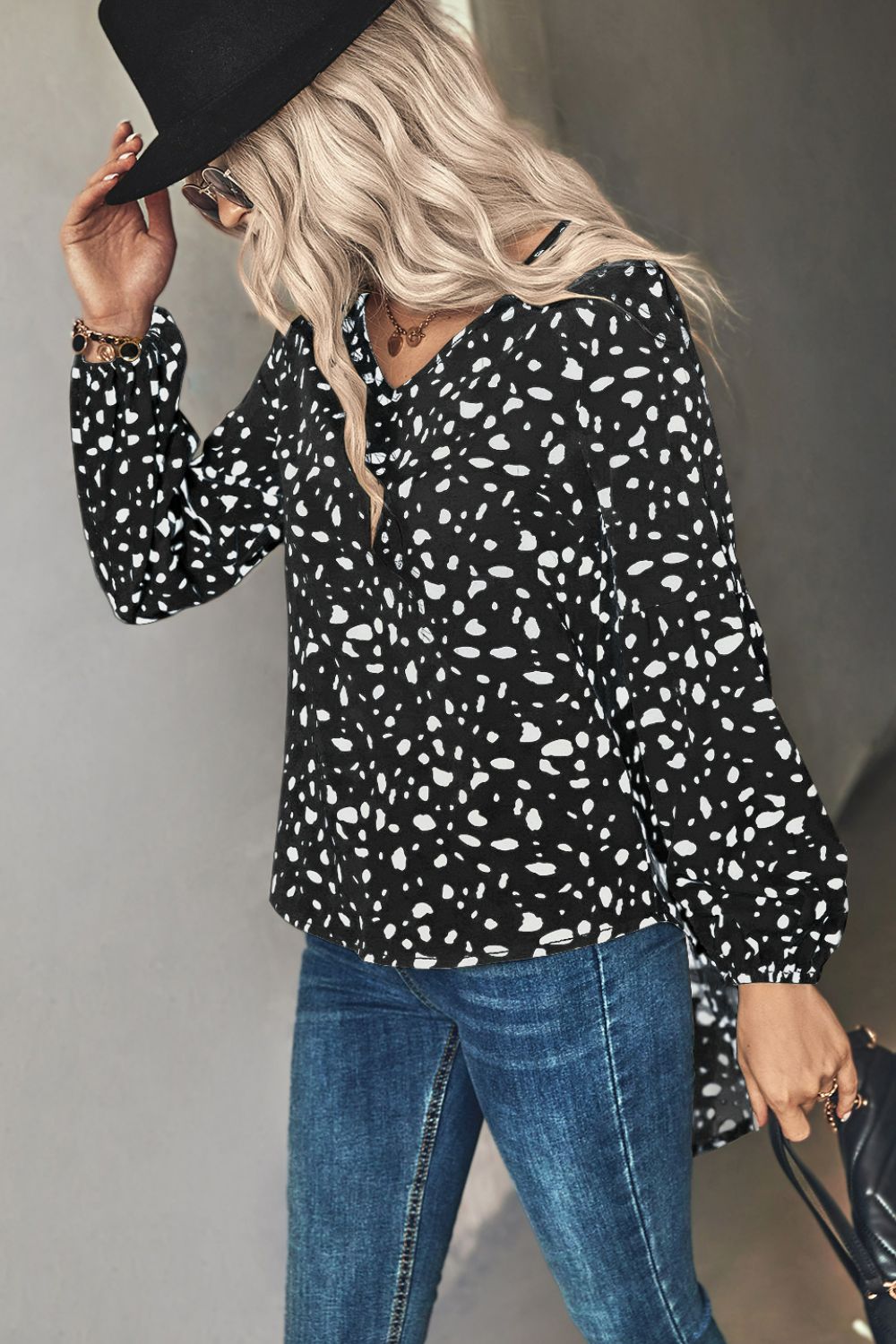 White Label Animal Print V-Neck High-Low Blouse