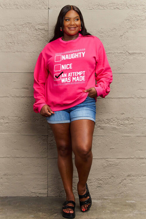 Simply Love Full Size Naughty, Nice, An Attempt Was Made Letter Graphic Long Sleeve Sweatshirt