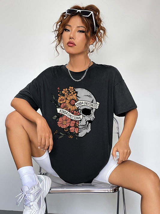 Kinda Emotional Kinda Emotionless Skull Round Neck Short Sleeve Graphic T-Shirt