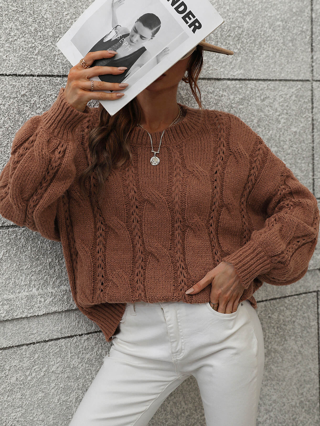 Cable-Knit Openwork Round Neck Sweater