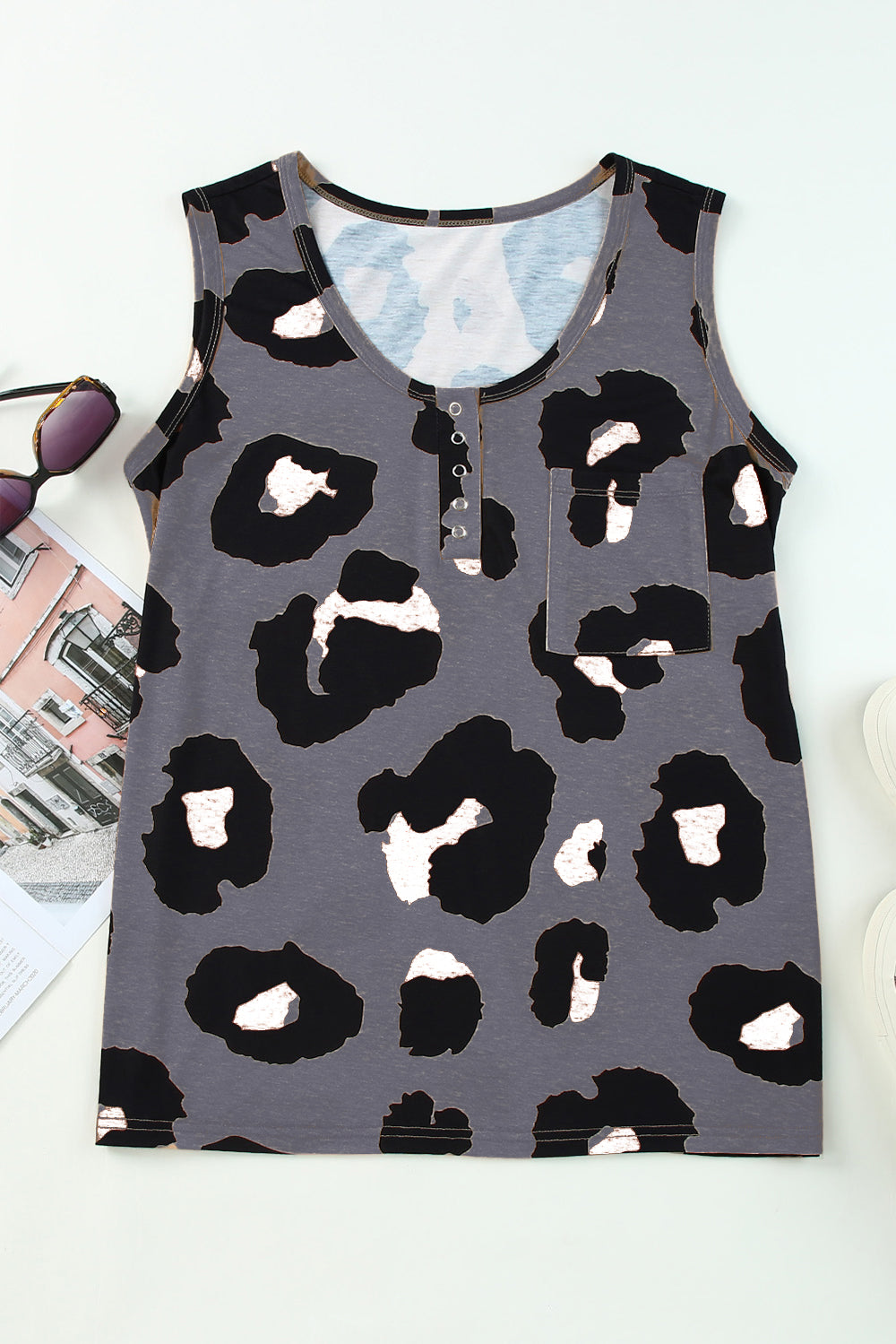 Pocketed Leopard Round Neck Tank