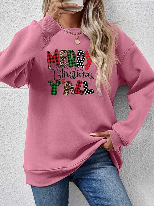 Merry Christmas Y'all Letter Graphic Round Neck Long Sleeve Sweatshirt